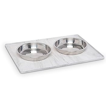 Messy Mutts Silicone Marble Pet Bowl Mat - Non-Slip, Raised Edge, 16" x 12"