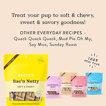 Bocce's Bakery Bac'n Nutty Soft & Chewy Dog Treats - Peanut Butter & Bacon Flavor, Wheat-Free, All Natural, 6 oz Bag
