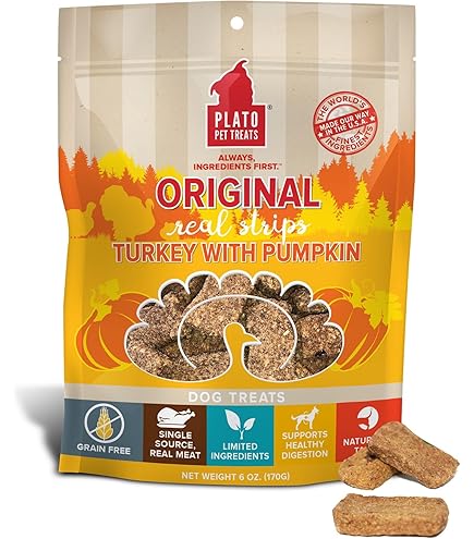 Plato Original Real Strips Dog Treats - Turkey & Pumpkin Recipe, 6 oz - Grain Free, Natural