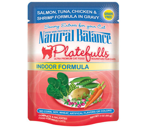 Natural Balance Platefulls Indoor Salmon Tuna Chicken & Shrimp Cat Food, 3 oz Pouch