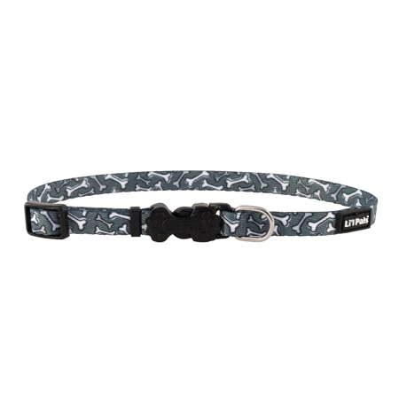 Li'l Pals Adjustable Patterned Dog Collar - Grey Bones - Petite Small 3/8" x 8"-12"
