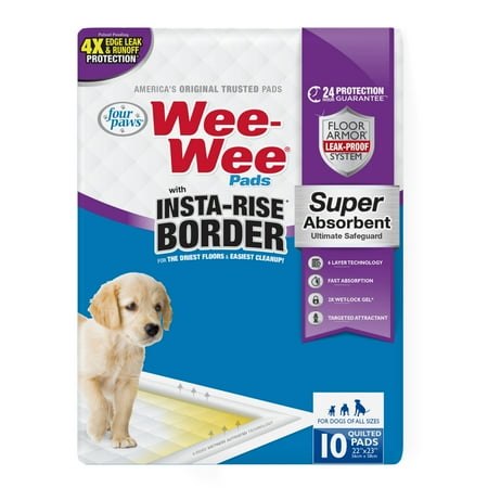 Four Paws Wee-Wee Pads Insta-Rise Border, Super Absorbent Dog & Puppy Pee Pads, 22x23, 10 Count