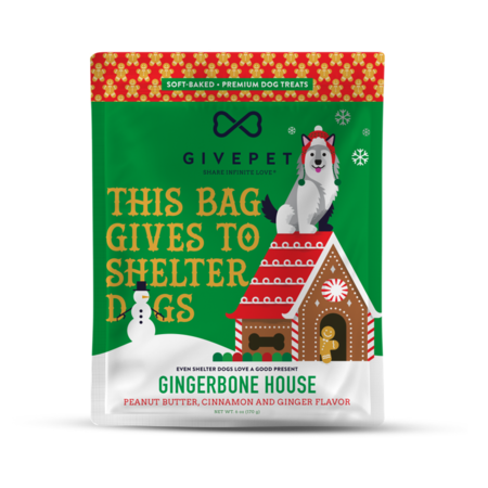 GivePet Dog Treats Holiday Gingerbone House - Soft & Chewy, Peanut Butter, Cinnamon & Ginger Flavor, 6 oz Bag
