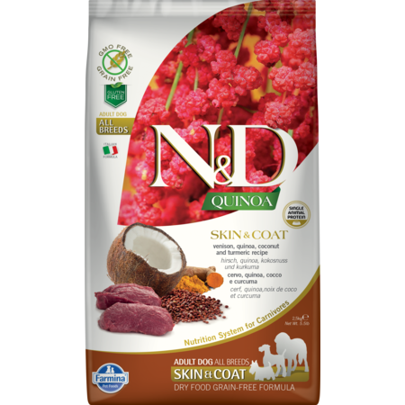 Farmina N&D Quinoa Skin & Coat Venison Dog Food - Grain-Free, Limited Ingredient Diet (15.4 lb or 7kg options)