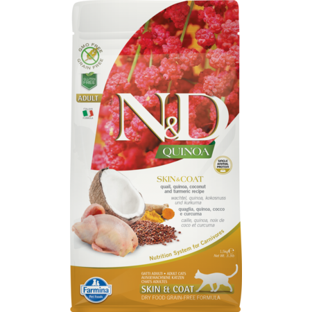 Farmina N&D Quinoa Skin & Coat Quail Cat Food, 1.5kg / 3.3lb, Grain-Free