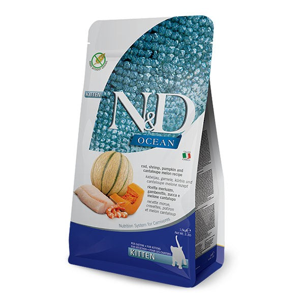 Farmina N&D Ocean Kitten Food - Cod, Shrimp, Pumpkin, Cantaloupe - 1.5kg / 3.3 lbs - Grain-Free Dry Cat Food
