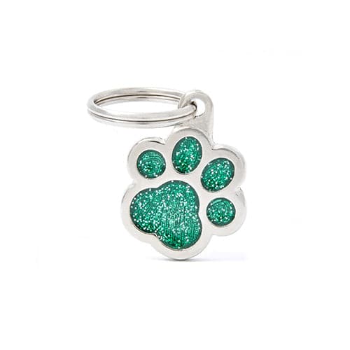 My Family Shine Tag Green Paw with Glitter - Pet ID Tag, Green Glitter Paw Print Charm Necklace