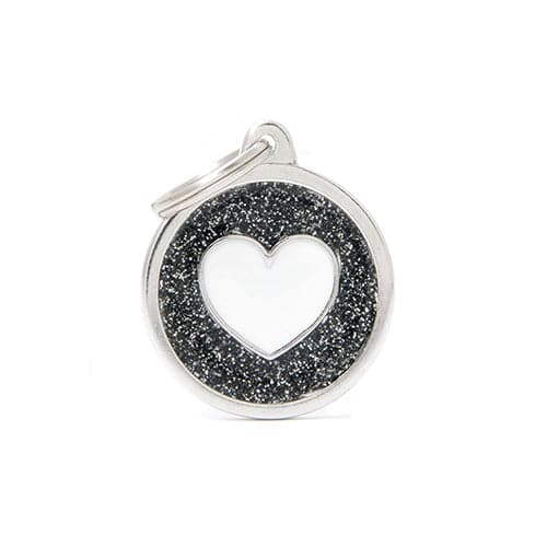 MyFamily Shine Large Circle Pet ID Tag - Black Glitter with White Heart