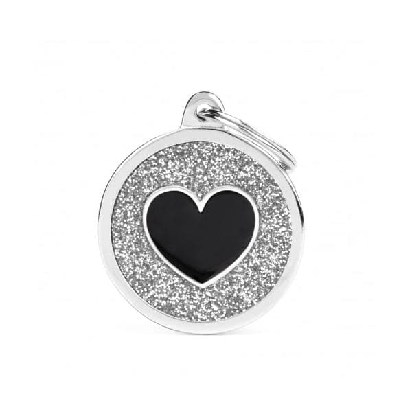 MyFamily Shine Big Grey Glitter Circle Black Heart Pet ID Tag