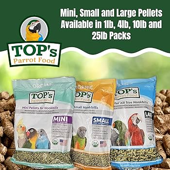 TOP's Parrot Food Organic Mini Pellets - Small Bird Food for Budgies, Lovebirds, Parakeets - 25 lb