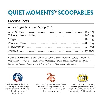 NaturVet Quiet Moments Calming Aid Scoopables for Dogs - Melatonin & L-Tryptophan, Hickory Smoked Bacon Flavor, 11 oz