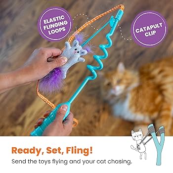 Catstages Cat-apult Spring Wand Cat Teaser Toy - Interactive Flinger with Catnip & Pom Pom Toys