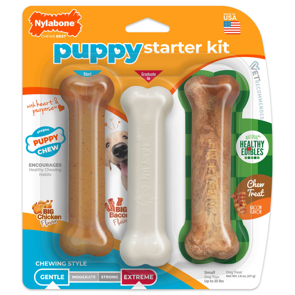 Nylabone Puppy Starter Kit - 3 Pack Dog Chew Toys - Chicken & Bacon Flavor - Teething & Dental Health