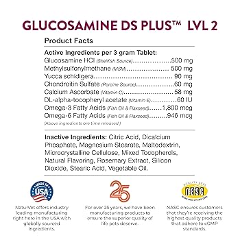 NaturVet Glucosamine DS Plus Level 2 - Moderate Joint Care for Dogs & Cats - 60 Chewable Tablets