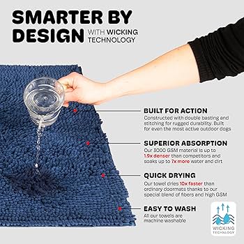 Dog Gone Smart Dirty Dog Doormat - Large 35" x 26" - Bermuda Blue - Super Absorbent, Fast Drying Rug