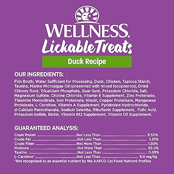 Wellness Lickable Treats Soft Puree Natural Grain Free Cat Treats, Duck, 2.5 oz or 6 x 0.4 oz Tubes