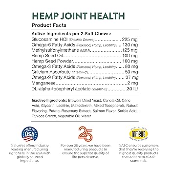 NaturVet Hemp Joint Health Cat Soft Chews - 60 Count - Glucosamine, MSM, Omega-3/6/9 Support