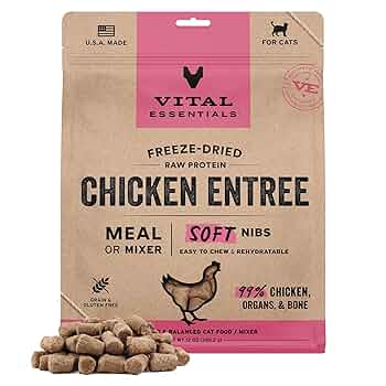 Vital Essentials Freeze-Dried Raw Chicken Cat Food Soft Nibs, Meal or Mixer, 99% Chicken, Organs & Bone, 12 oz