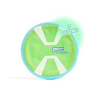 Chuckit! Max Glow Paraflight Flying Disc Dog Toy - Large - Glow in the Dark Frisbee for Fetch