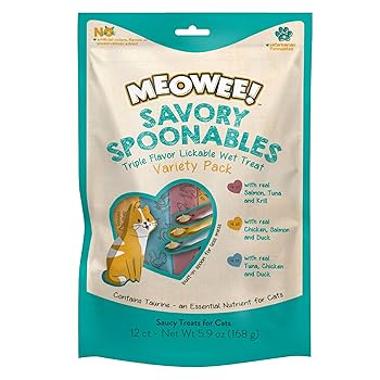 Meowee! Savory Spoonables Variety Pack Wet Cat Treats - 12 Count Squeezable Lickable Puree with Built-in Spoon