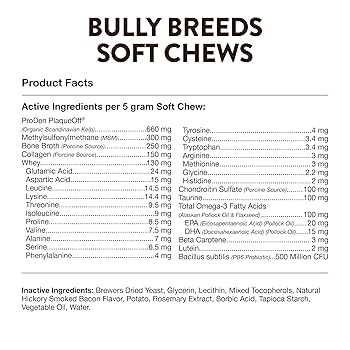 NaturVet Bully Breed Dog Supplements - 50 Soft Chews - Hickory Bacon Flavor - Joint, Skin & Coat Support
