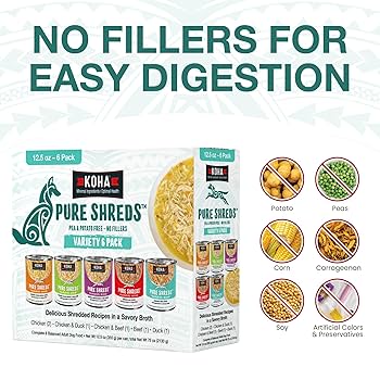 KOHA Pure Shreds Dog Food Variety Pack - High Protein, Wet Food, 12.5oz Cans, 6-Pack, Grain-Free Shredded Entrees