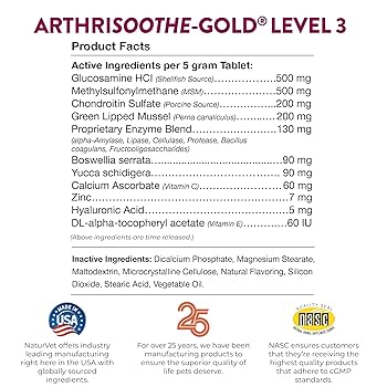 NaturVet ArthriSoothe-GOLD Level 3 Joint Care - 90 Chewable Tablets - Advanced Support for Dogs & Cats
