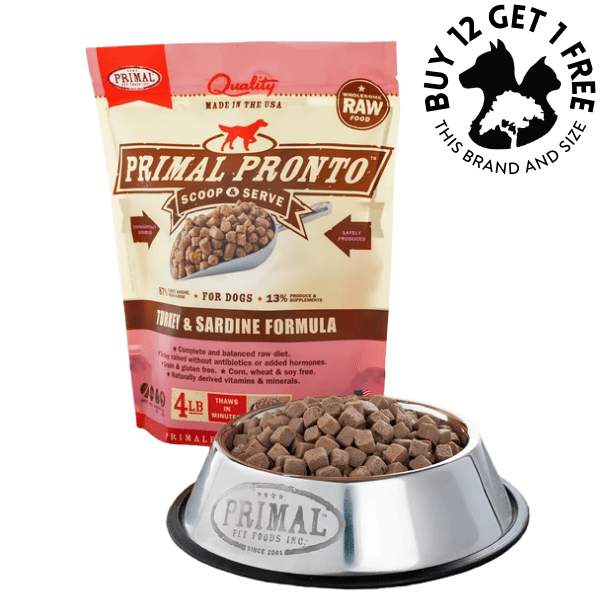 Primal Pronto Frozen Raw Dog Food - Turkey & Sardine Formula - 4 lb Bag, Bite-Sized, Easy to Portion