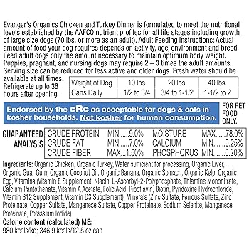 Evanger's Organics Chicken & Turkey Dinner Wet Dog Food, 12.8 oz Can