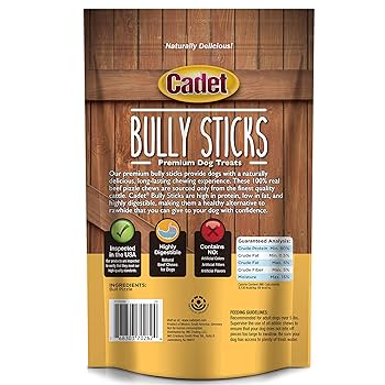 Cadet Bully Sticks Dog Treats - All Natural, Long Lasting, Grain-Free Chews - 6 oz Value Pack