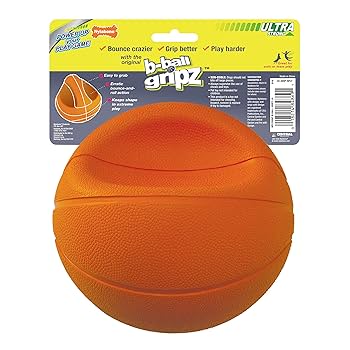 Nylabone Power Play B-Ball Gripz Dog Toy, Large, Orange Rubber Basketball, 6.5 inch