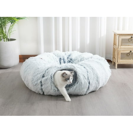 PetPals Khione Cat Tunnel Bed - Customizable, Plush Shag Fur, Grey