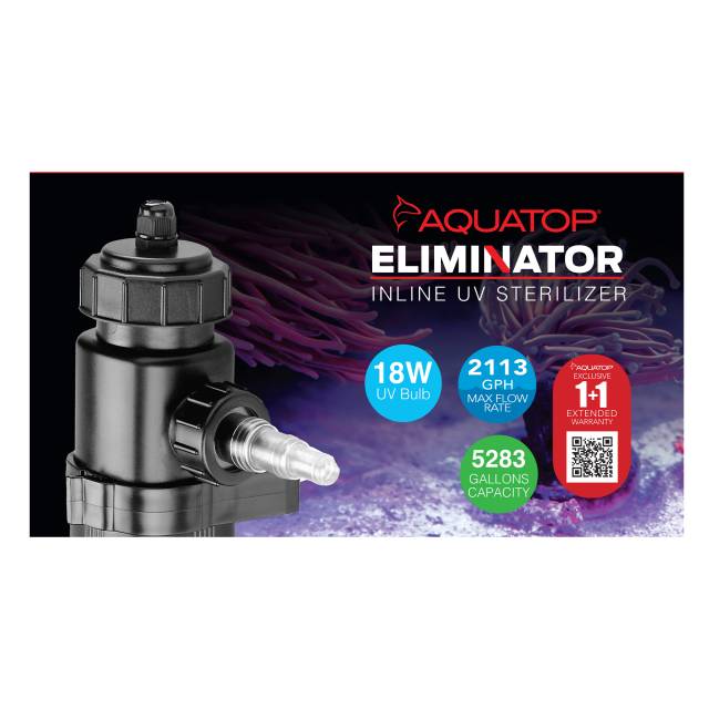 Aquatop Eliminator 18W In-Line UV Sterilizer - Aquarium/Pond - 750 GPH - Black