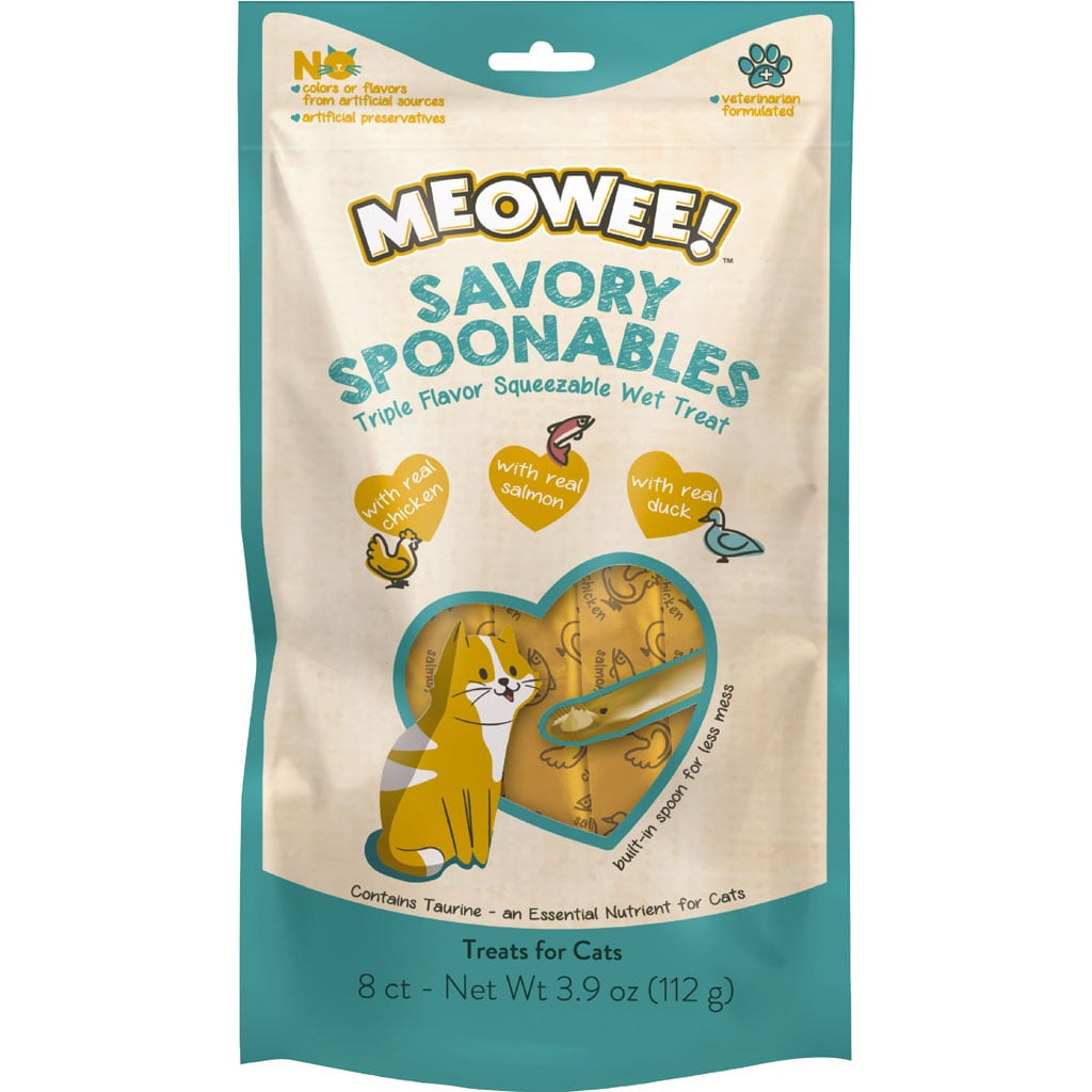 Meowee! Savory Spoonables Cat Treats - Chicken, Salmon & Duck - Lickable Puree with Spoon (3.9oz)