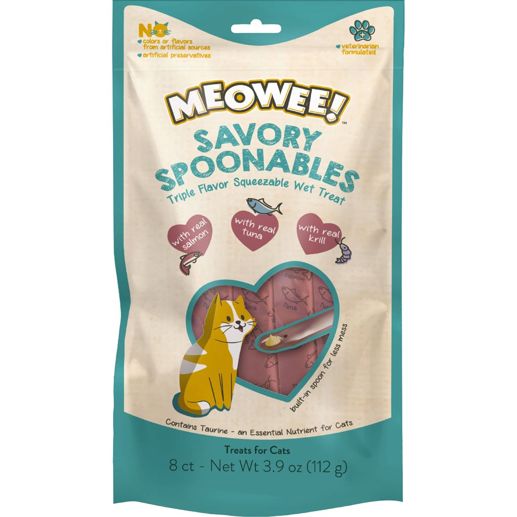 MEOWEE! Savory Spoonables Cat Treats - Salmon, Tuna & Krill - 8 Count Squeezable Lickable Wet Treats