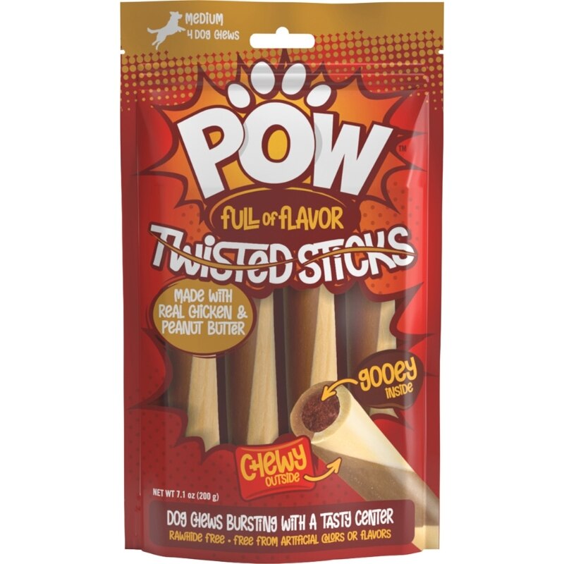 Ethical Pet POW Twisted Sticks Dog Treats, Chicken & Peanut Butter, 4-Pack