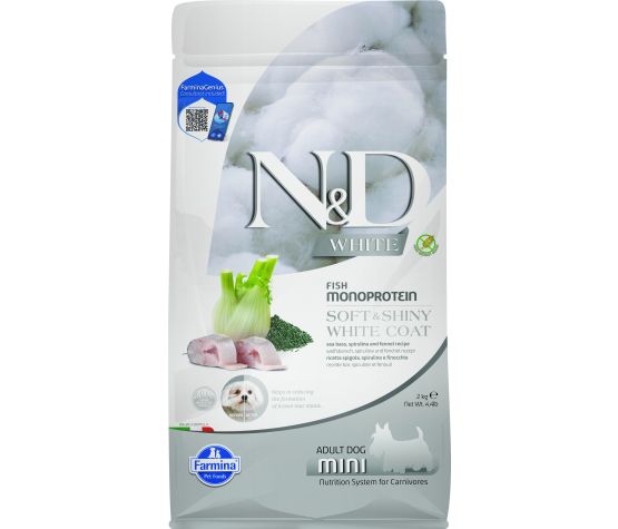 Farmina N&D White Coat Mini Breed Dog Food - Sea Bass, Kelp & Fennel, 4.4 lb (2 kg) Grain-Free Adult Formula