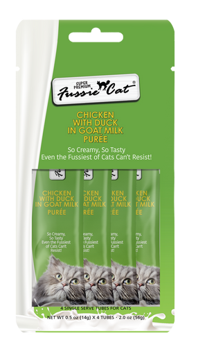Fussie Cat Super Premium Cat Treat - Chicken & Duck in Goat Milk Puree, 4-Pack