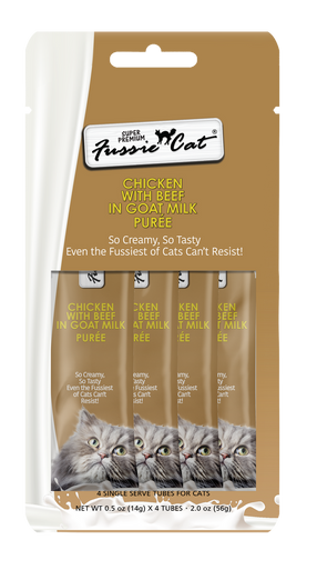Fussie Cat Super Premium Puree Cat Treats - Chicken & Beef in Goat Milk - 4 x 0.5oz Pouches