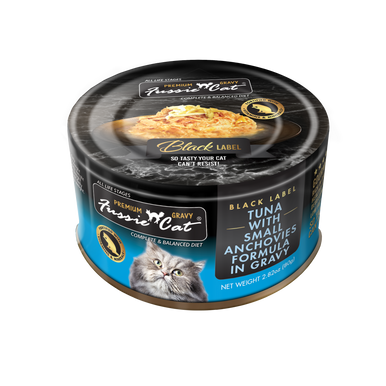Fussie Cat Premium Black Label Tuna with Anchovies in Gravy - 2.82 oz Cat Food Can