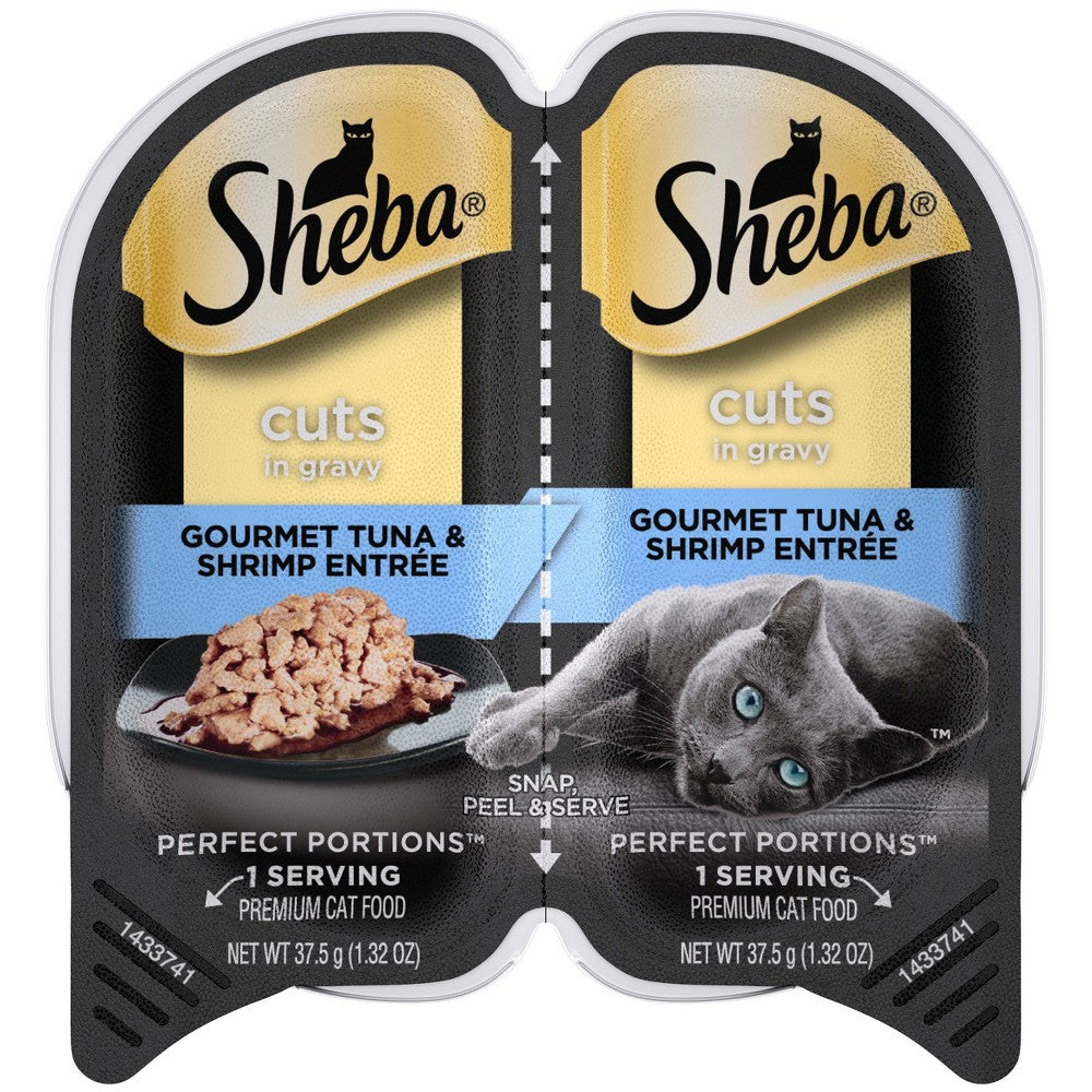 SHEBA Wet Cat Food Cuts in Gravy Gourmet Tuna & Shrimp Entree, 2.6 oz. PERFECT PORTIONS Twin-Pack Trays