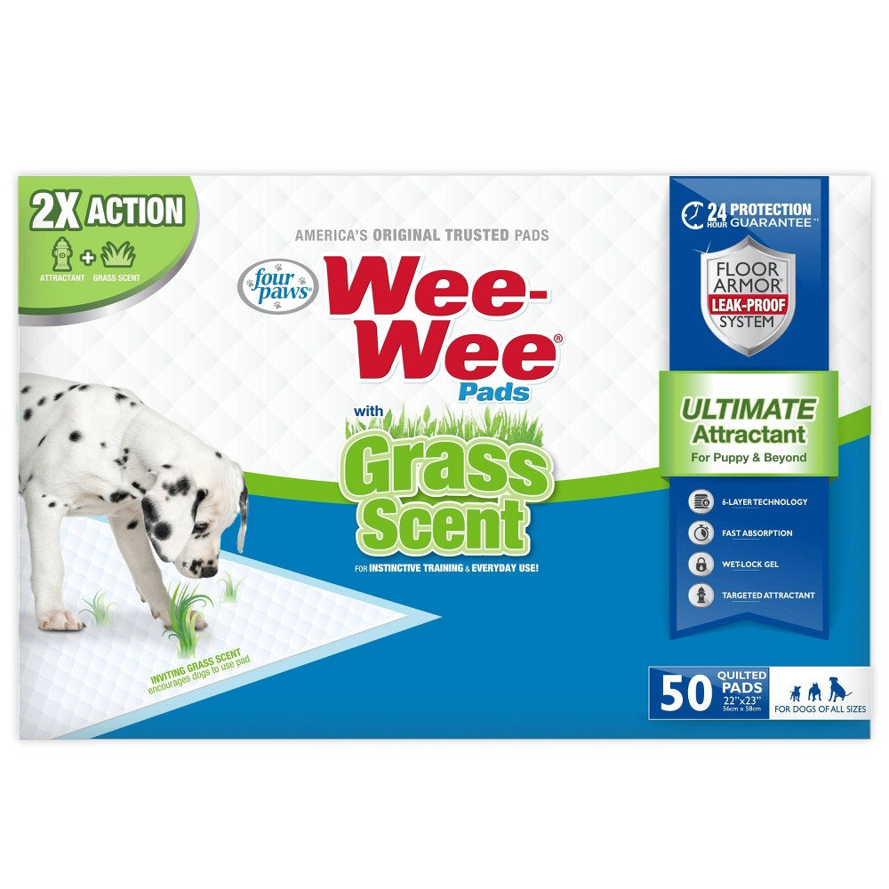Four Paws Wee Wee Pads 22x23 Grass Scent 50ct, Ultimate Attractant Dog Pee Training Pads