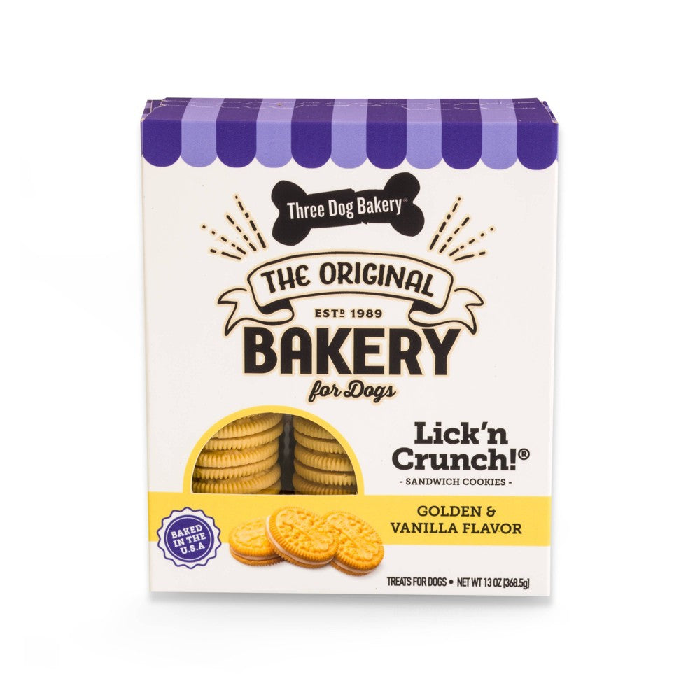 Three Dog Bakery Lick'n Crunch! Golden & Vanilla Dog Sandwich Cookies, 13 oz