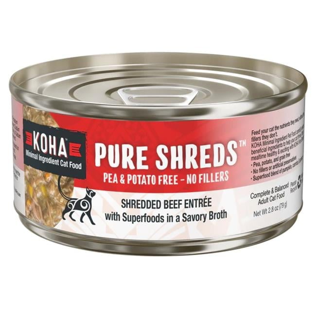 Koha Pure Shreds Beef Entree Cat Food, 2.8 oz Grain-Free Shredded Beef in Broth