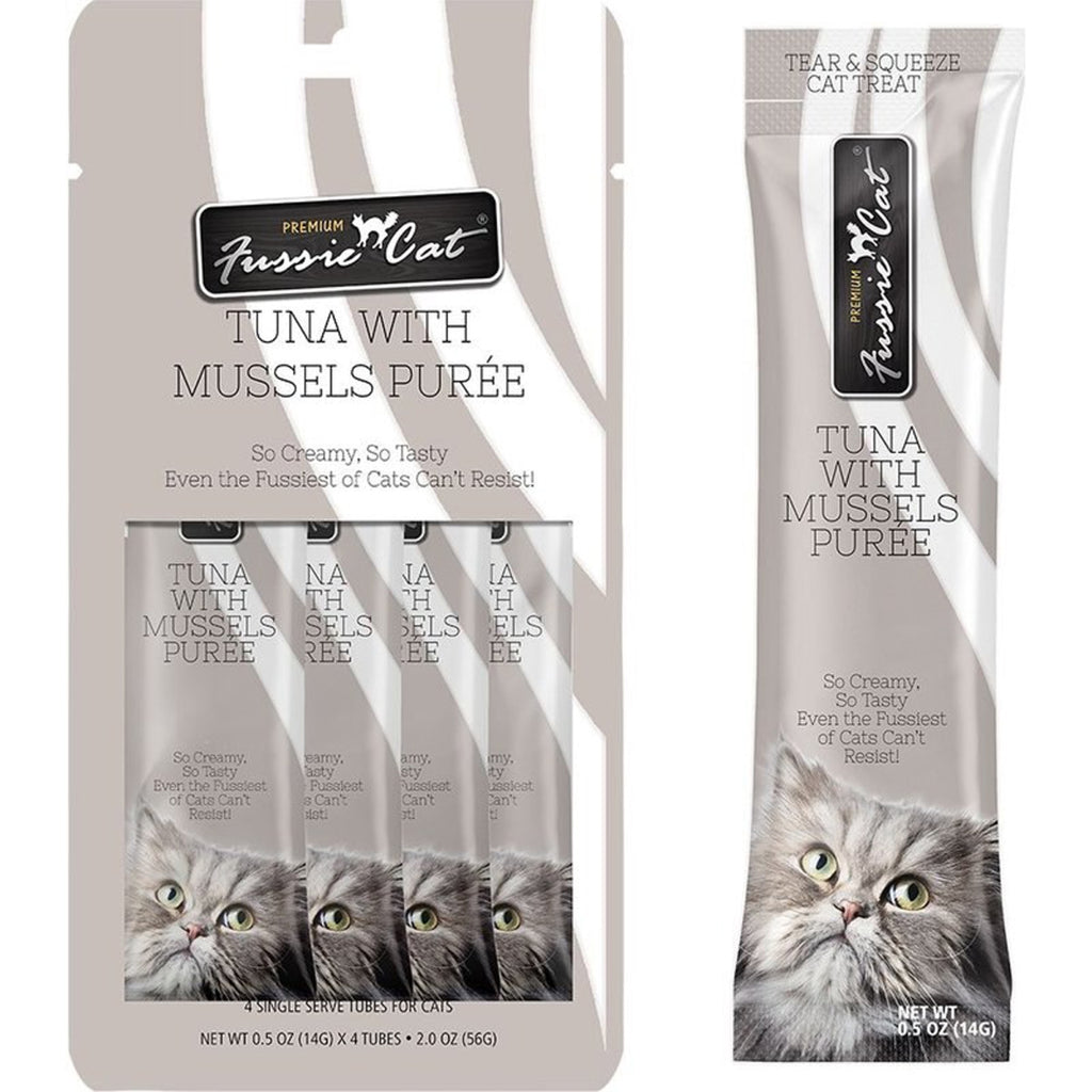 Fussie Cat Tuna & Mussels Puree Cat Treats - 0.5oz 4-Pack or 2oz 18-Count - Creamy, Delicious, Vitamin E-Rich