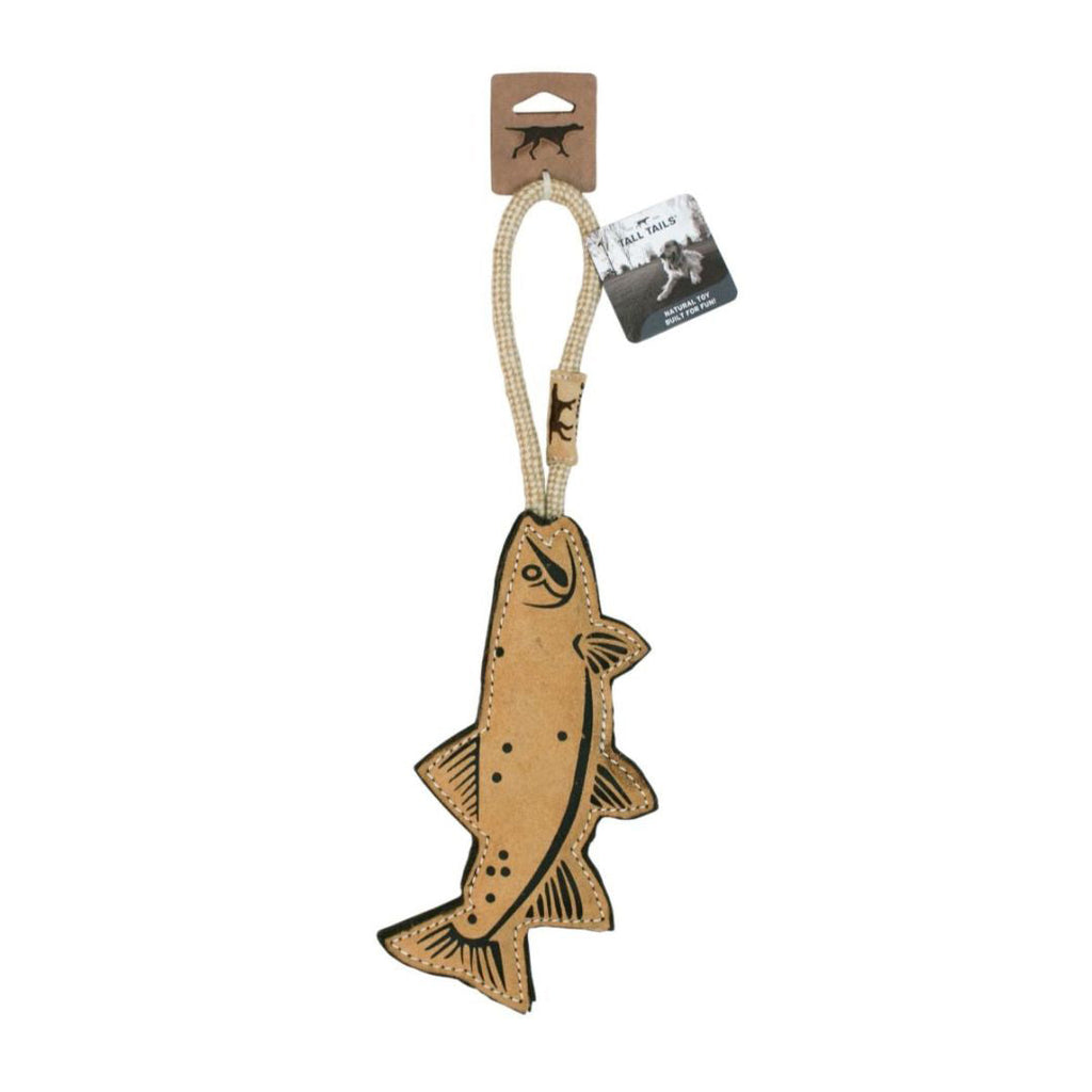 Tall Tails Leather Trout Dog Toy - Natural Material, 15-16 inch Fish Shape Chew Toy for Dogs