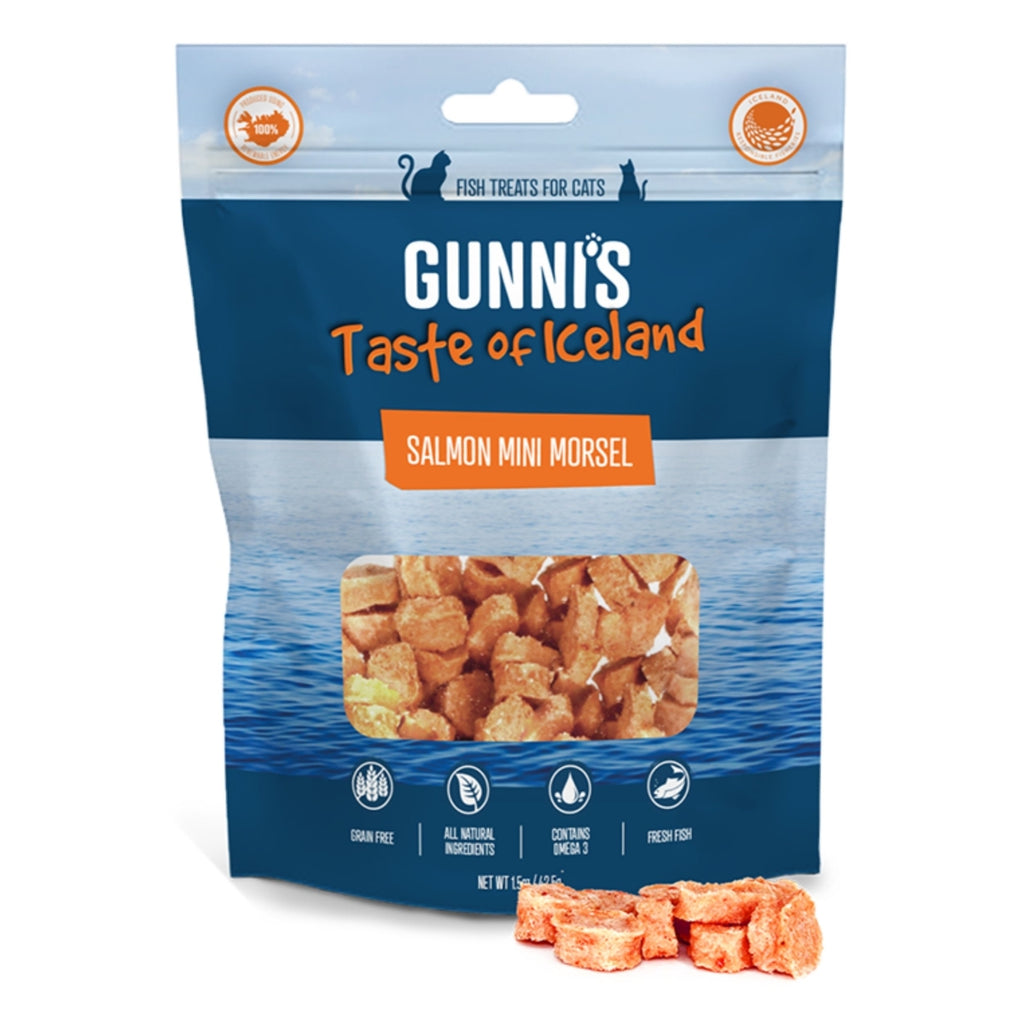 Gunni's Salmon Mini Morsel Crunchy Cat Treats, 1.5 oz Bag - Taste of Iceland, Grain-Free Salmon Fish Cat Treats