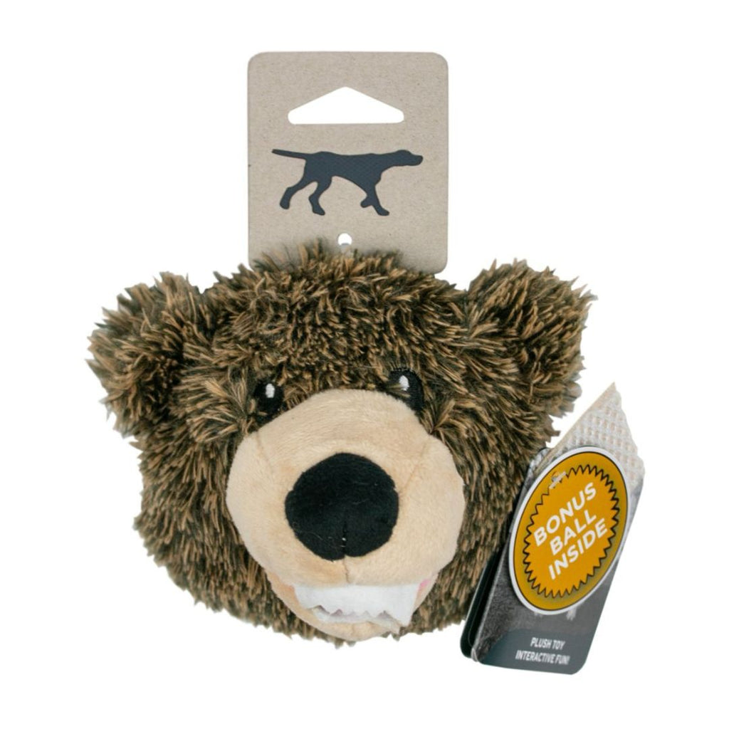 Tall Tails Dog Toy 2-in-1 Grizzly Bear Head 4" with Squeaky Ball Inside, Plush Fetch Toy