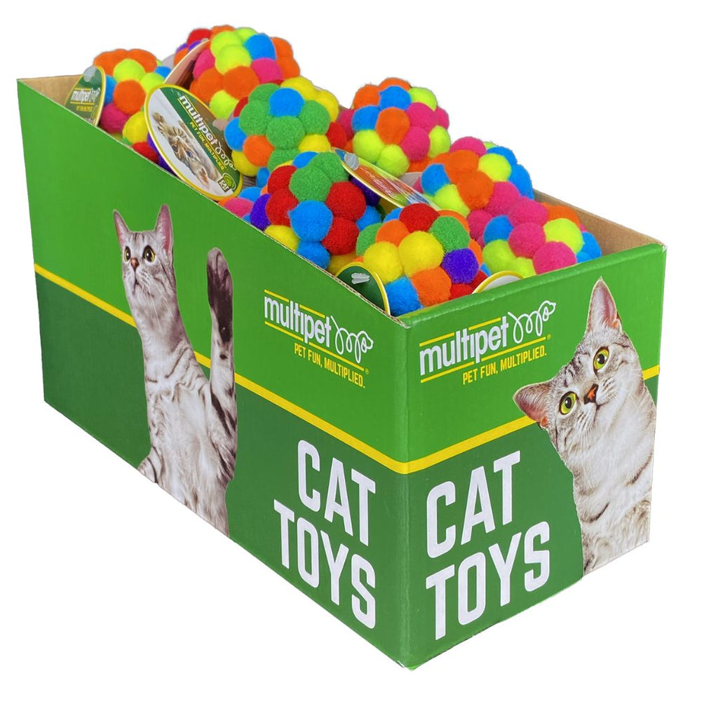 Multipet Pom Pom Ball with Rattle Cat Toy - 2" Assorted Colors - 25pc