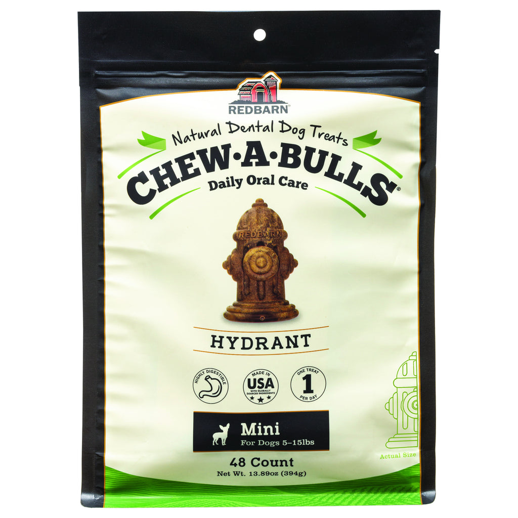 Redbarn Chew-A-Bulls Hydrant Mini Dog Treats, 48 Count Pack, Dental Chews